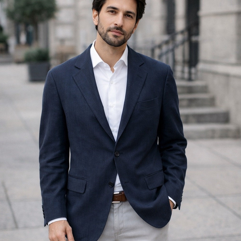 Armani Collezioni Mens Navy Blue Ribbed Cotton Linen Blazer Sport Coat Italy 44R